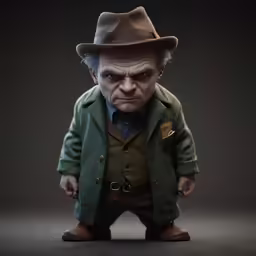 a toy doll with a hat and coat on