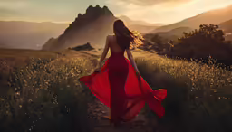 a woman walking along a trail with her long hair blowing in the wind