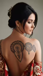 a woman with an intricate back tattoo is wearing a red and gold dress