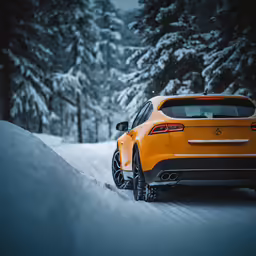 a sports utility vehicle sits in the middle of a snowy forest