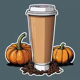 pumpkins next to a cup of coffee,a glass and two pumpkins on a blue background