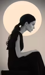 a woman in black sits on the ground with her hands on her knees