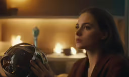 a woman looking away from the camera holding an object
