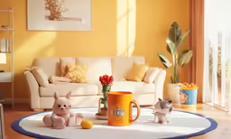 some toy animals sit on the carpet next to coffee mug