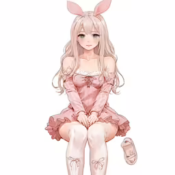 the girl is sitting on the ground wearing bunny ears
