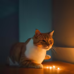 a cat sits on a table with a few candles