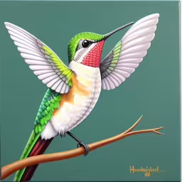an illustration of a hummingbird resting on a branch,the painting depicts a bird on a tree branch