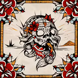a skull on top of a flowered bandanna,an image of a skull and roses design on a white background