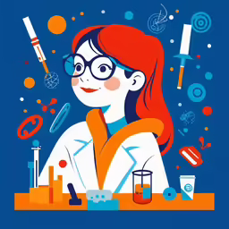 a woman in a lab coat and glasses