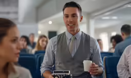 a man holding a coffee cup in front of a camera