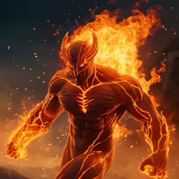 the man has very strong muscles and is running through flames