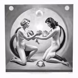 two naked women sitting in a circle with shells