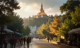 a crowd of people walking on a street with houses in the background