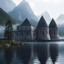 the architecture of some kind of castle stands out in the mist