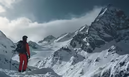 a lone snow skier stands on a snow - covered mountain