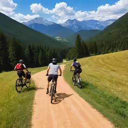 two men are riding bicycles down the dirt road