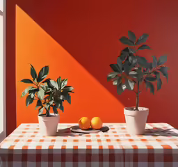 a small orange and plant on top of a checkered table cloth