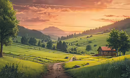 a rural rural scene with dirt road going through grass,the sun is setting over a country road