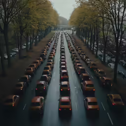 the cars are lined up in a large long line