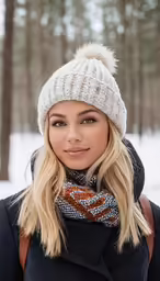 an attractive blond female wearing a knitted winter cap, scarf and a scarf around her neck
