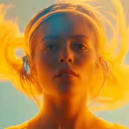 a woman with wings over her head staring ahead