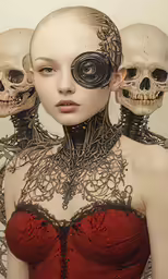 a woman wearing an elaborate necklace with skeleton heads