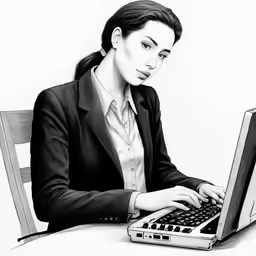 a woman sitting in front of a laptop computer