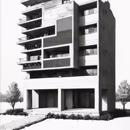 a black and white photo of an apartment building