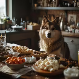 there is a husky dog sitting in front of the counter of many foods