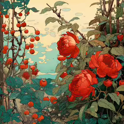 an image of some red flowers growing on trees,a beautiful painting of a red flower bush and apples