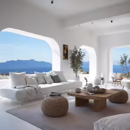a beautiful white living room with ocean view
