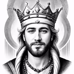a man wearing a crown is featured in this black and white image