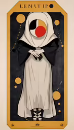 the image depicts a woman dressed in black, white and red
