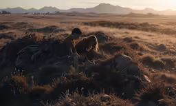 two people are standing in the grass near mountains