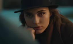 a young woman wearing a hat sits in the dark
