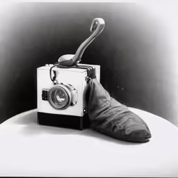 a picture that shows an old camera and a foot