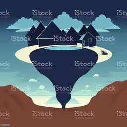 a hole in the ground with houses in it and water coming out from the water,a very strange landscape with houses on a floating ring in the water