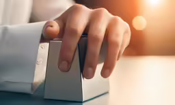 a hand holding a tiny item on top of a table