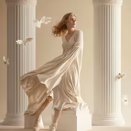a woman sitting on top of a block with a long beige dress