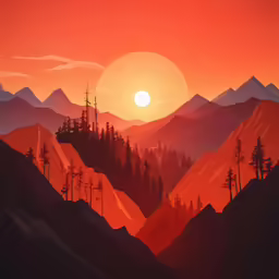 a painting of the sun setting over the mountains