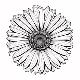 a black and white drawing of a flower,an ink drawing of a large daisy,a black and white photo of an open flower,a drawing of a flower on paper,the petals are a very large flower