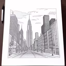 a drawing of the skyline and surrounding buildings,a drawing is on paper with pencils,pencil drawing of a street in a large city with skyscrapers on the sides,a drawing of cityscape of skyscrapers and buildings,a drawing of the skyline in pencil