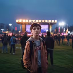 a boy wearing a backpack standing in front of a stage at night