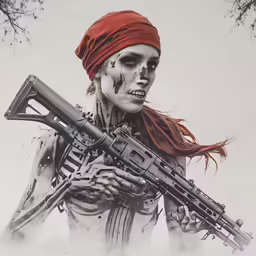 the art work shows a skeleton holding an automatic rifle