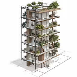 a 3d view of an apartment building with plants growing on the top