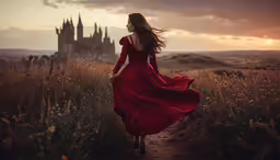 the beautiful woman is walking through the field