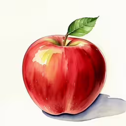 watercolor drawing of an apple with leaf,a painting of an apple with a leaf on top
