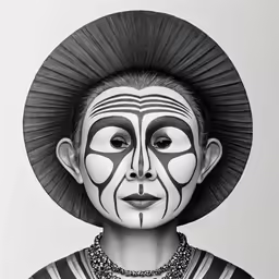a black and white drawing of a person wearing a large hat with a striped shirt