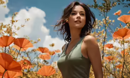 a woman in a tan bikini looking at the camera while surrounded by orange flowers
