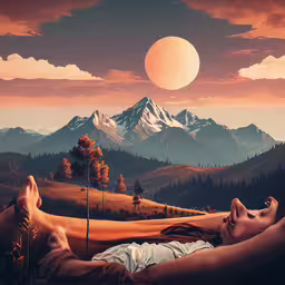 a painting of the moon setting over a mountain landscape,the image of a woman is relaxing by the mountains